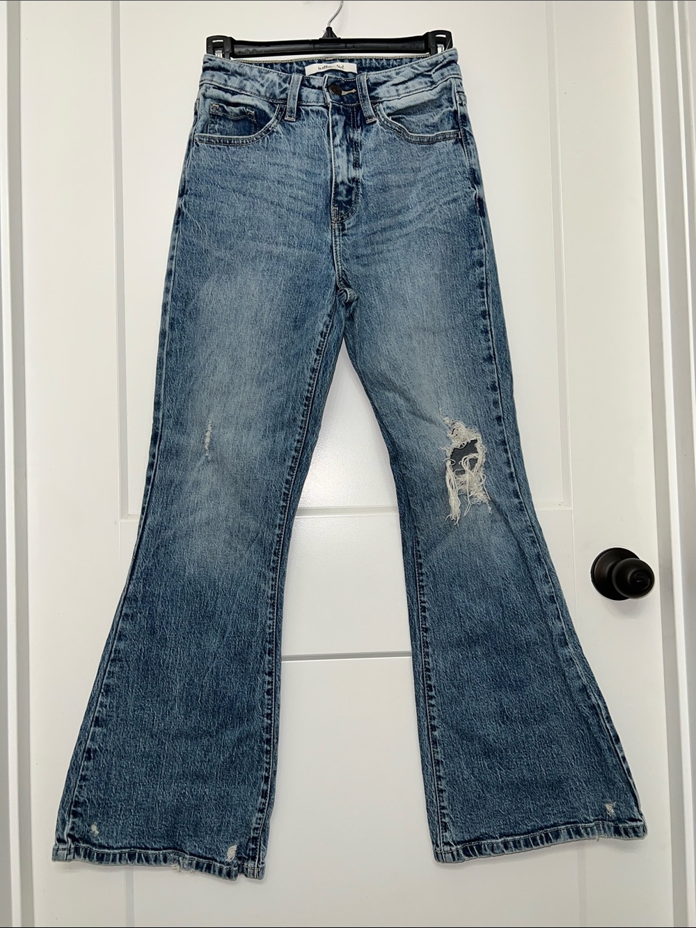 Willow & Root High-Rise Distressed Blue Flare Jeans - Women's Wide Leg - 24x30